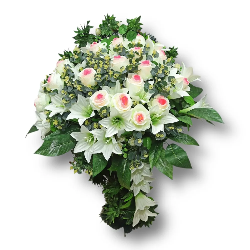 корзина из искусственных цветов, корзина на похороны, цветы на похороны, ритуальные цветы, искусственные цветы, корзина премиум, ритуальная атрибутика, траурная корзина, похоронные аксессуары, ритуальный декор.