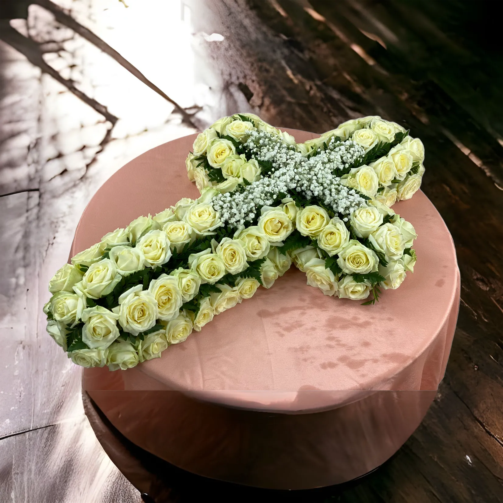 Крест из живых цветов, похороны, венок на похороны, белые розы, гипсофила, ритуальные цветы, траурные цветы, артикул Вж-033.