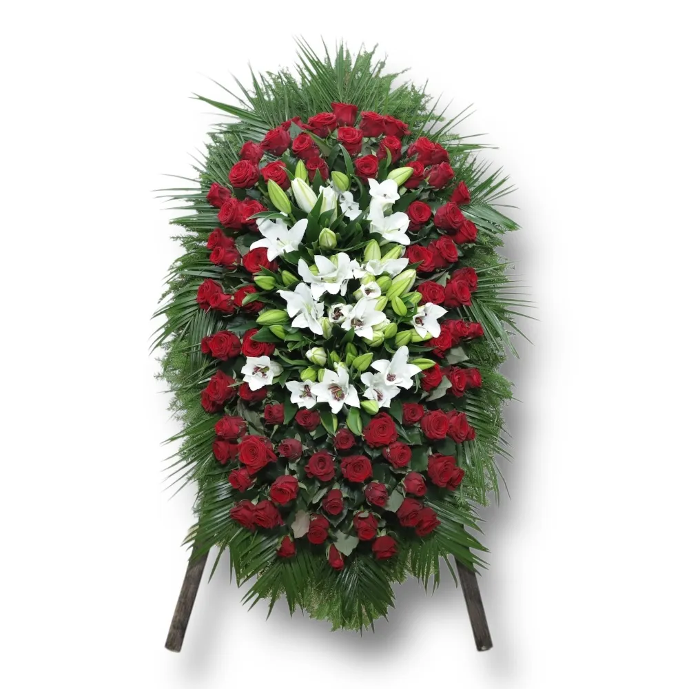 венок на похороны, венок из живых цветов, розы и лилии, траурный венок, цветы на похороны, ритуальные цветы, венок артикул ВЖ-064