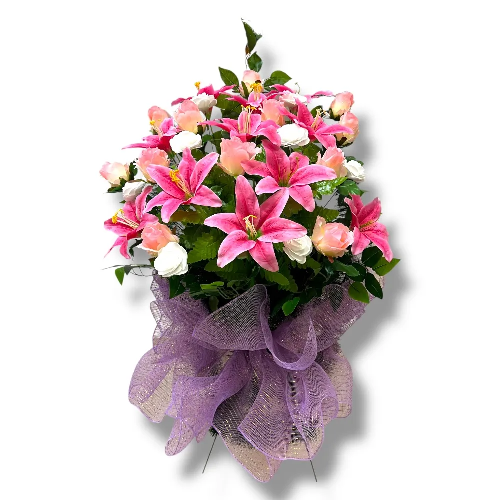 корзина из искусственных цветов, корзина на кладбище, элитные искусственные цветы, ритуальные изделия, мемориальная атрибутика, украшение могилы, долговечные цветы, артикул КИ-037.