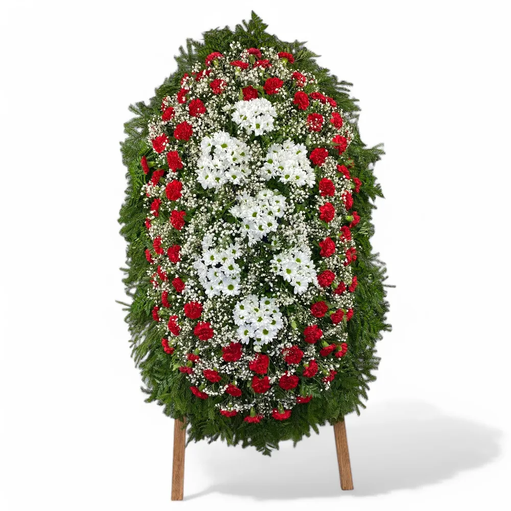 Арт. ВЖ-016 Венок из живых цветов на похороны / Хризантема, гвоздика, гипсофила 120 см.