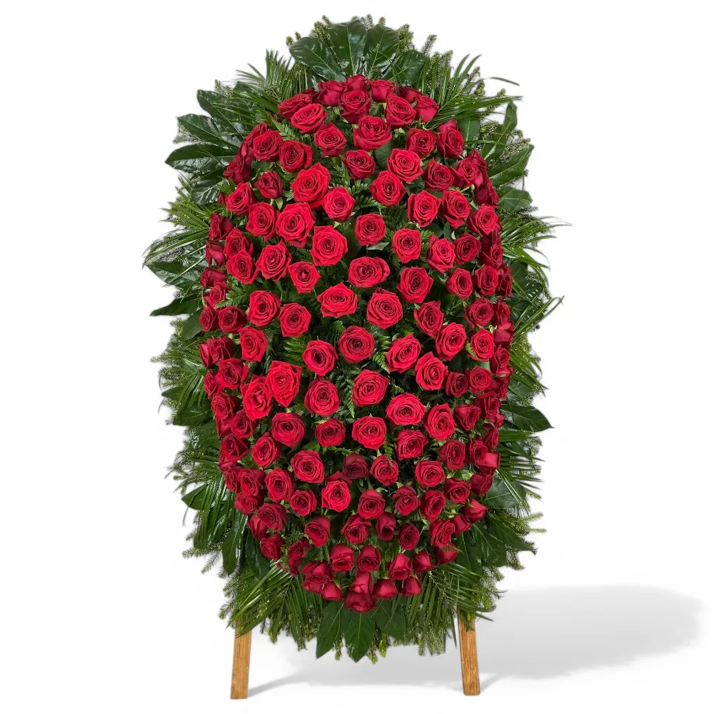 Арт. ВЖ-005 Венок из живых цветов VIP / Красные розы RED NAOMI/ Траурный венок на похороны или возложение  120 см.