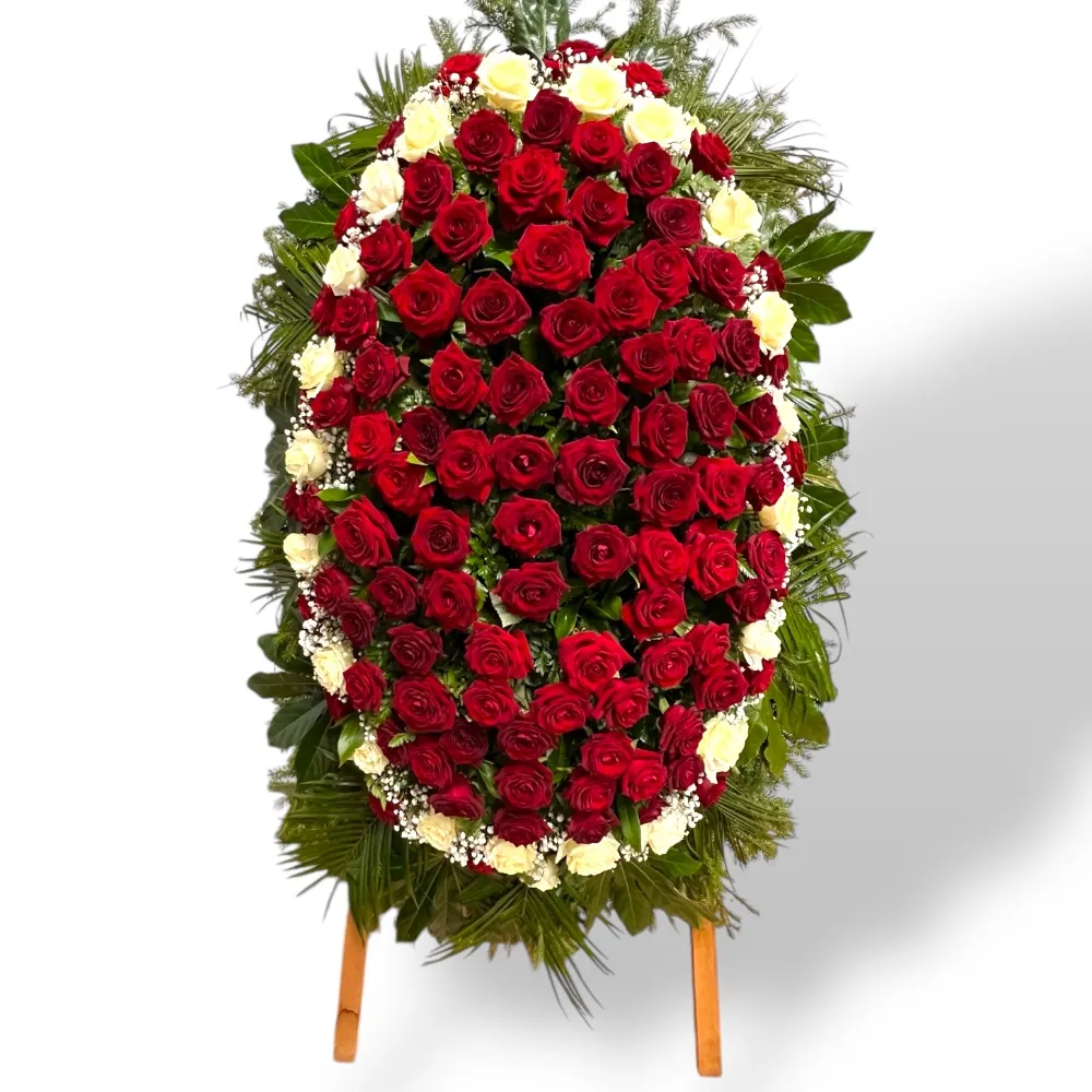 Траурный венок, живые цветы, красные и белые розы, похоронный венок, венок на похороны, артикул ВЖ-002.