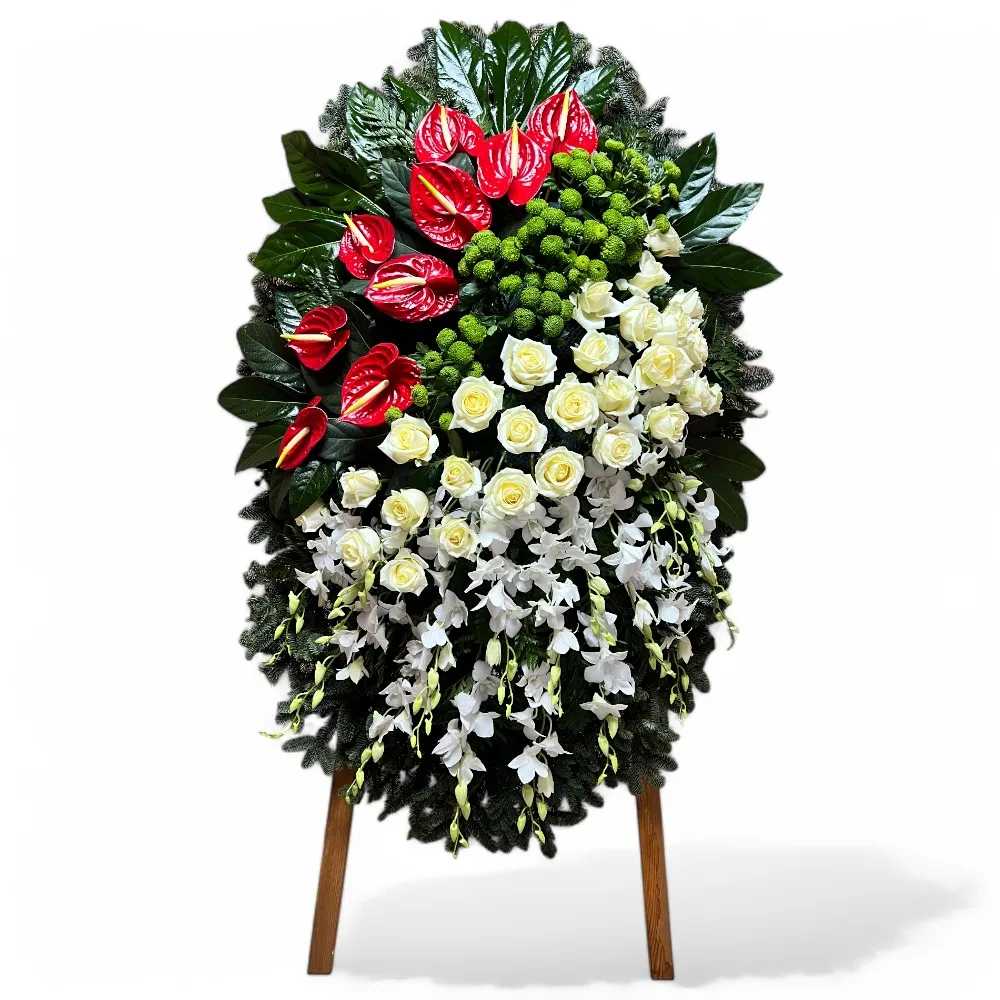 венок на похороны, венок из живых цветов, венок с белыми розами, артикул ВЖ-042, траурный венок, цветы на похороны, венок с антуриумом, венок с орхидеями, венок с хризантемами.