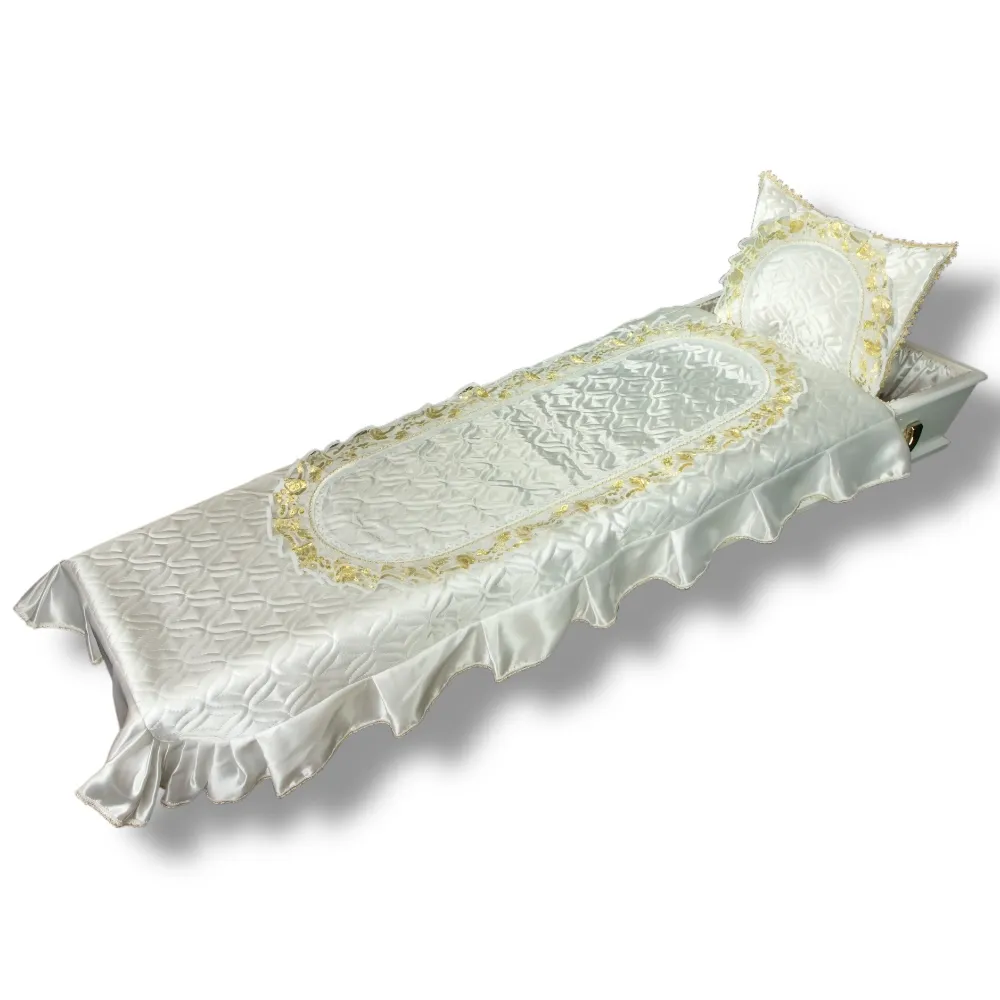 комплект в гроб, подушка+покрывало, атлас+термостежка+кружево, ритуальные товары, похоронные принадлежности, комплект для погребения, элитное оформление гроба, текстильные изделия для обряда.