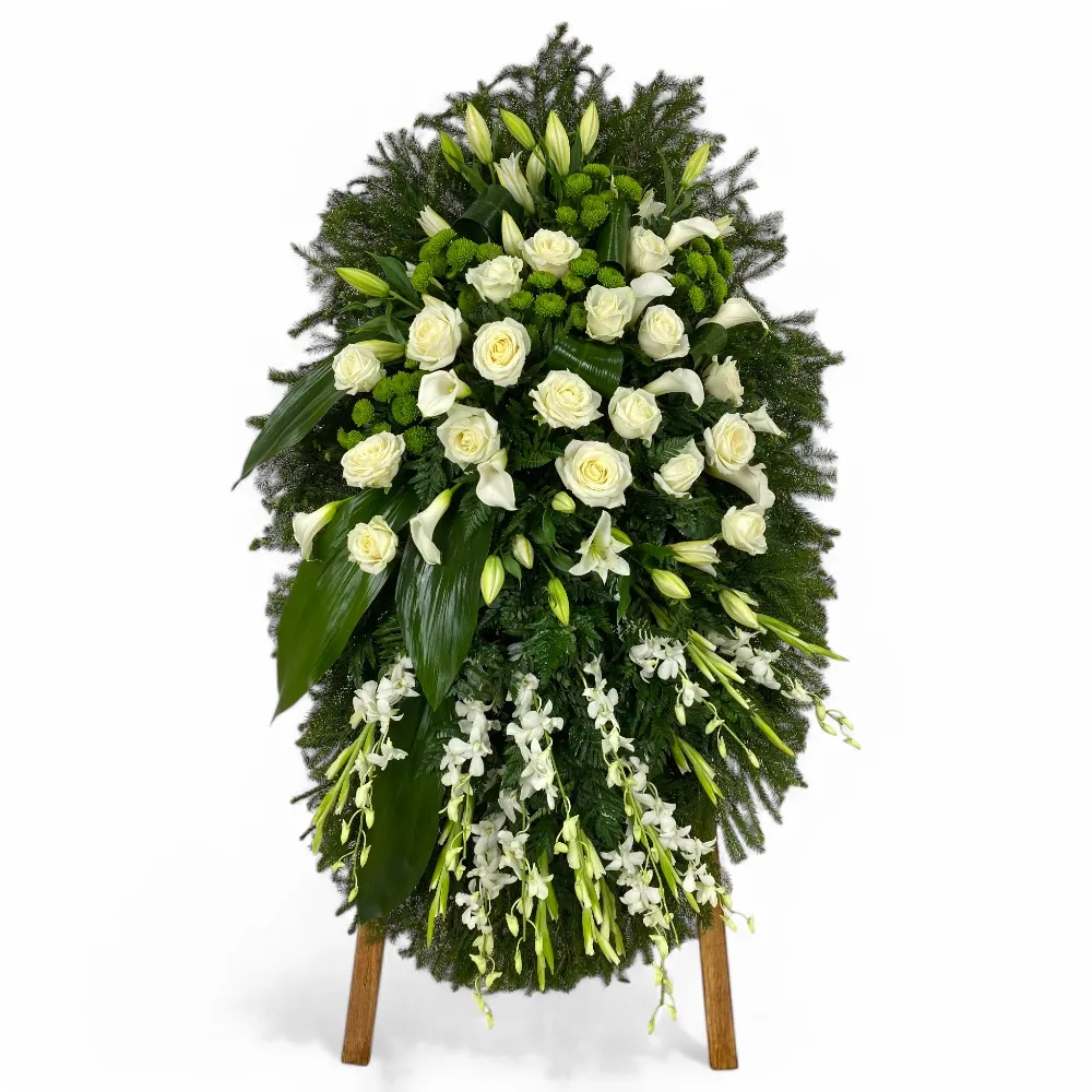 венок на похороны, венок из живых цветов, траурный венок, цветы на похороны, орхидеи, лилии, калы, хризантемы, розы.