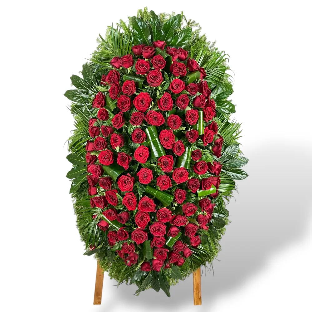венок из живых цветов, венок на похороны, красные розы, RED NAOMI, траурный венок, цветы на похороны, ритуальные цветы, венок из роз.