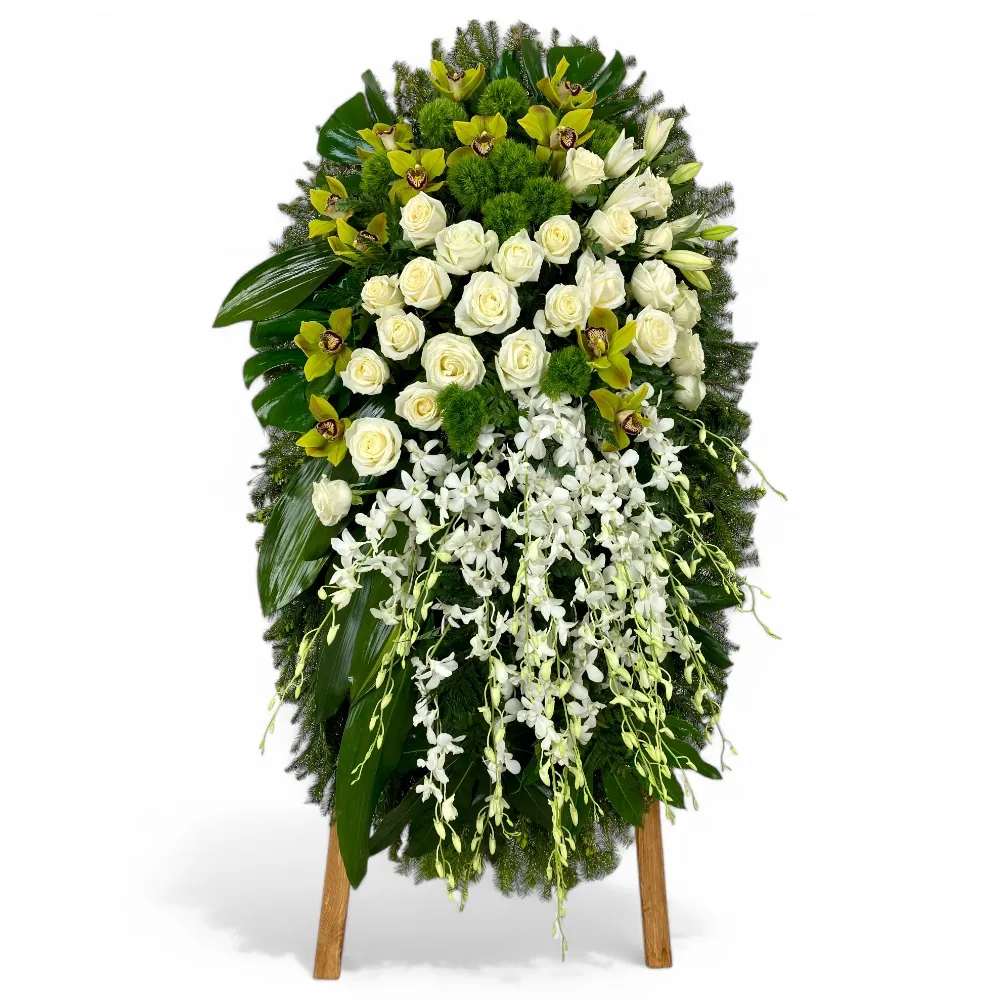 Арт. ВЖ-004 Венок из живых цветов / орхидеи, розы, лилии / траурный венок на похороны /  120 см.