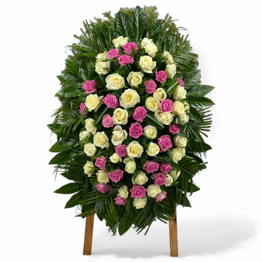 венок из живых цветов, венок на похороны, белые розы, розовые розы, ритуальные цветы, траурные цветы, артикул ВЖ-018.
