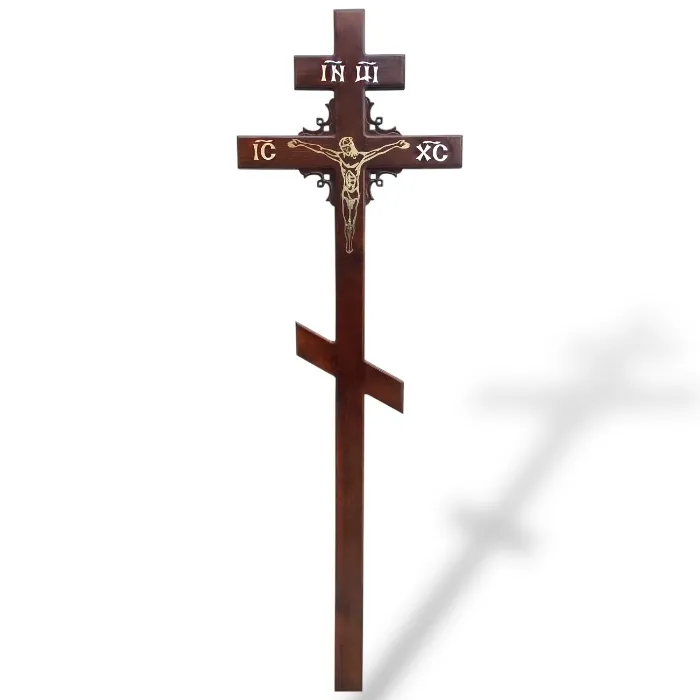 Крест на могилу, сосновый крест, артикул КДС-03, угловой узор, ритуальные изделия, деревянный крест, православный крест, мемориальный крест.