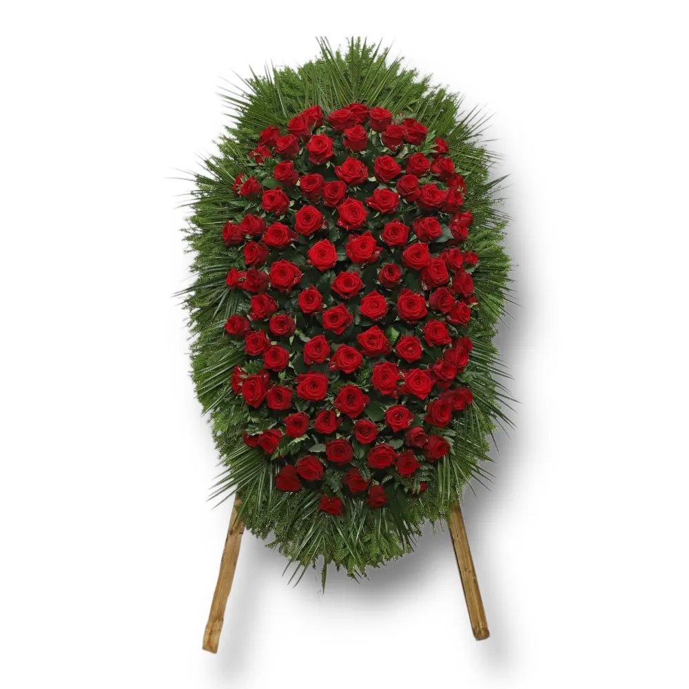 венок из живых цветов, венок на похороны, розы, траурный венок, ритуальные цветы, артикул ВЖ-070