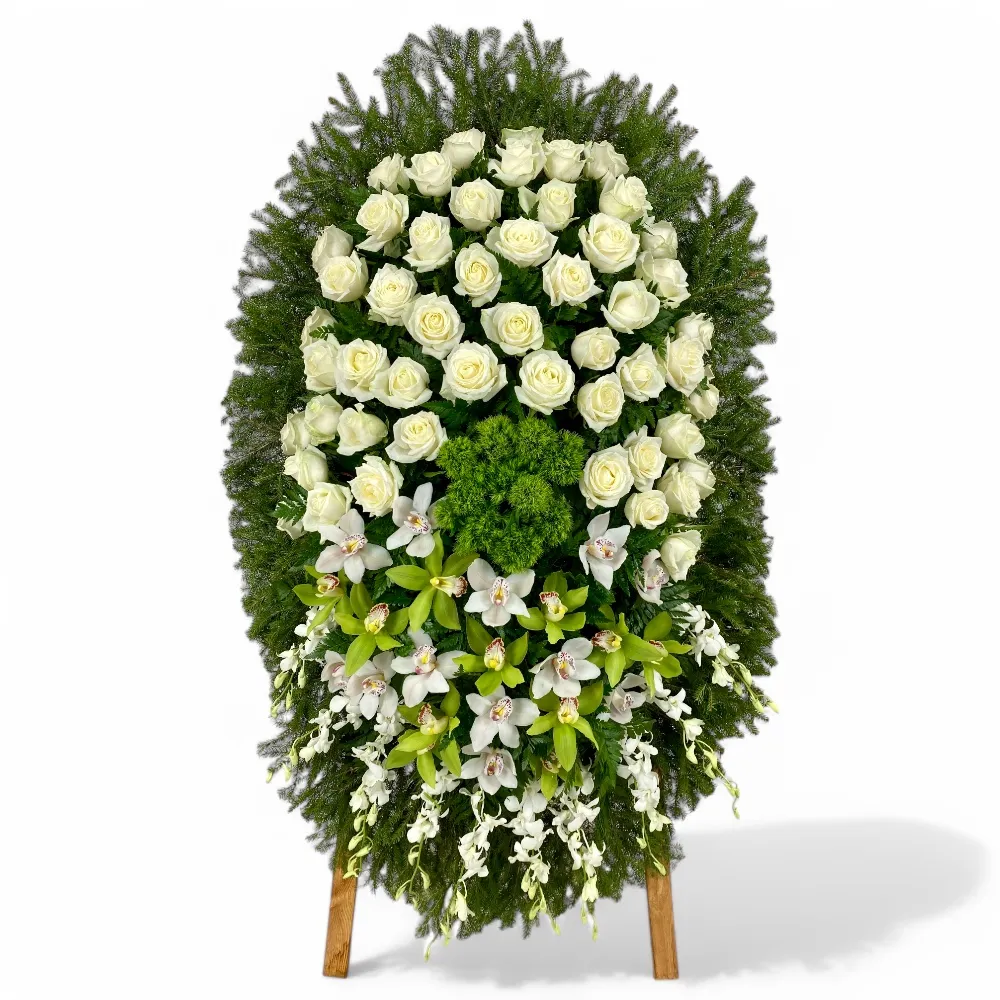 венок из живых цветов, венок на похороны, белые розы, орхидеи, траурный венок, цветы на похороны, ритуальные цветы, венок артикул ВЖ-031