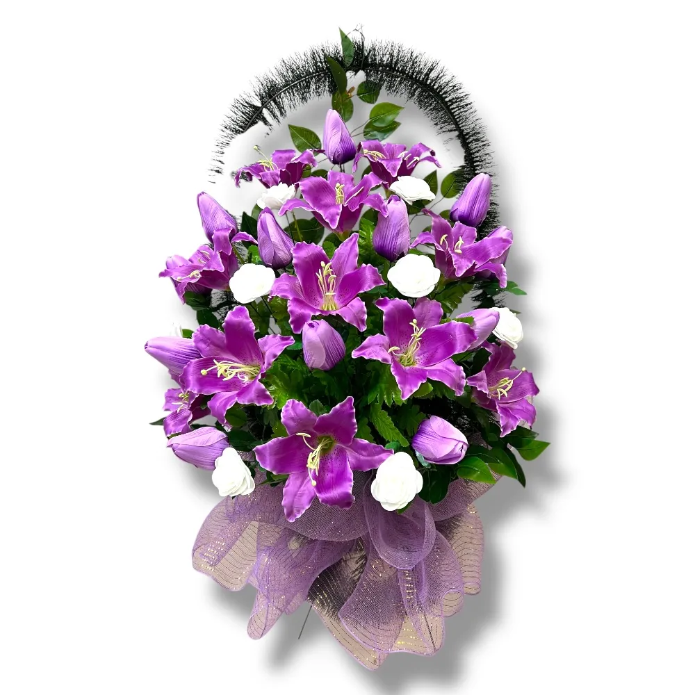 корзина из искусственных цветов, корзина на кладбище, элитные искусственные цветы, ритуальные изделия, мемориальная корзина, украшение могилы, долговечные цветы, артикул КИ-034.