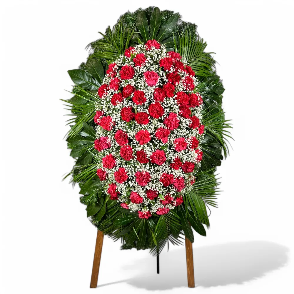 венок на похороны, венок из живых цветов, траурный венок, венок с гвоздикой, венок с гипсофилой, ритуальный венок, цветы на похороны, артикул ВЖ-045.