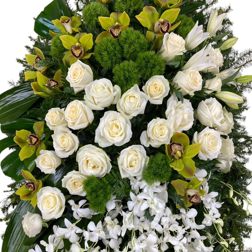 траурный венок, живые цветы, орхидеи, розы, лилии, похоронный венок, венок на похороны, артикул ВЖ-004.