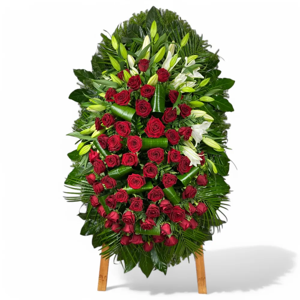 венок из живых цветов, венок на похороны, лилии и розы, траурный венок, цветы на похороны, ритуальные цветы, венок артикул ВЖ-011