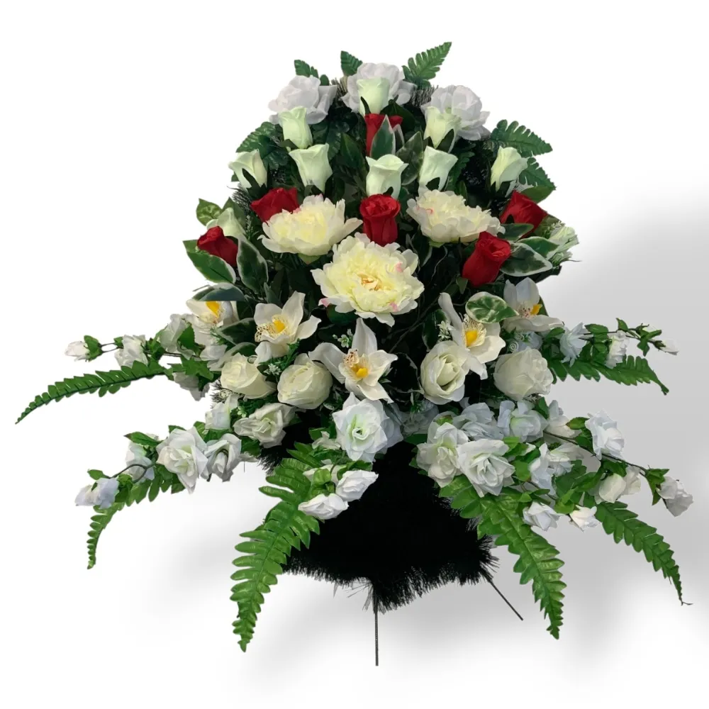 Корзина на похороны, корзина с искусственными цветами, элитная корзина, ритуальная корзина, похоронные атрибуты, ритуальные услуги, цветы на похороны, траурная корзина, корзина ладья, ритуальный декор.