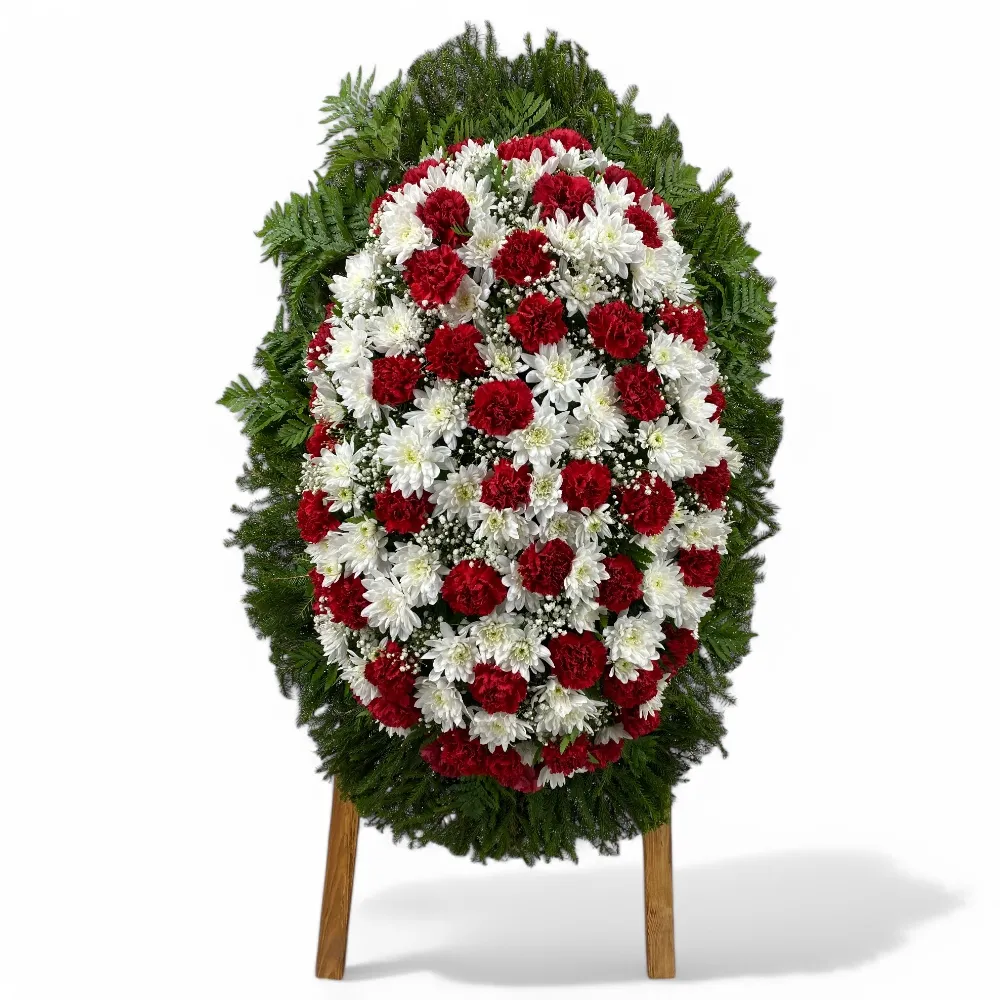 венок на похороны, венок из живых цветов, гвоздики, гипсофила, хризантемы, ритуальные цветы, траурные цветы, похоронные атрибуты, артикул ВЖ-055