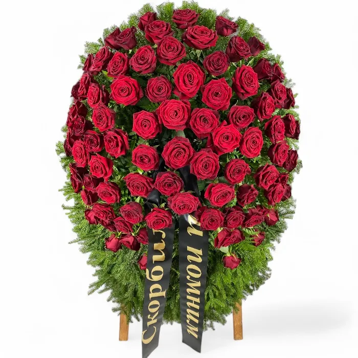 траурные венки, венок из красных роз, венок на похороны, живые цветы на похороны, RED NAOMI розы, артикул ВЖ-001.