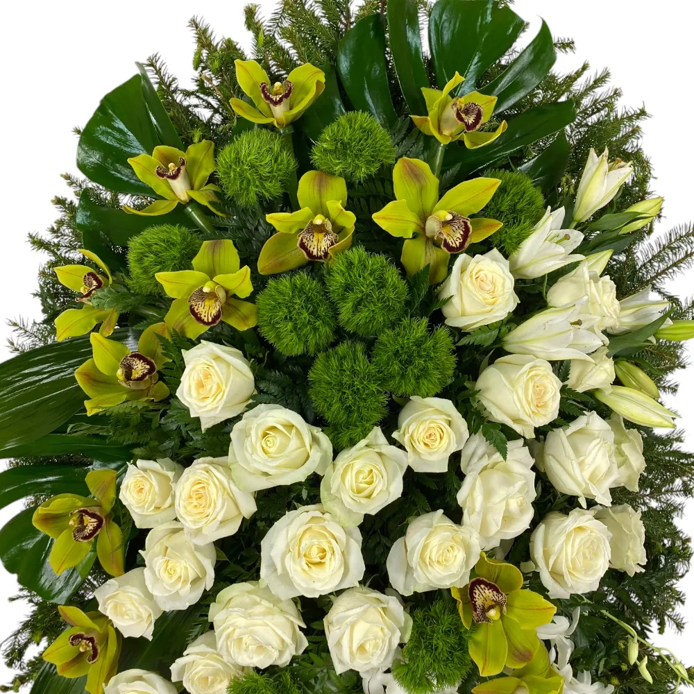 траурный венок, живые цветы, орхидеи, розы, лилии, похоронный венок, венок на похороны, артикул ВЖ-004.