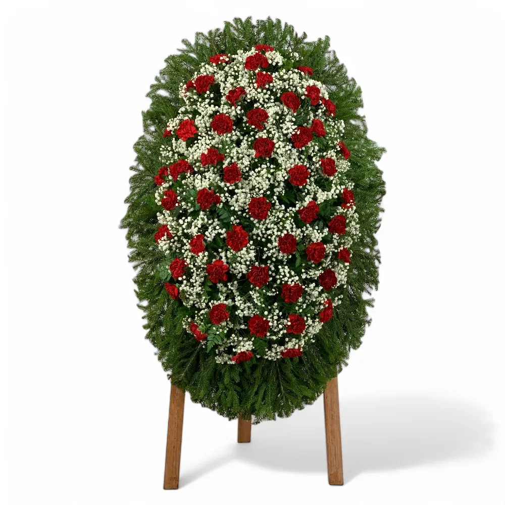 венок на похороны, венок из живых цветов, гвоздика в венке, гипсофила в венке, траурный венок, ритуальный венок, цветы на похороны, артикул ВЖ-054