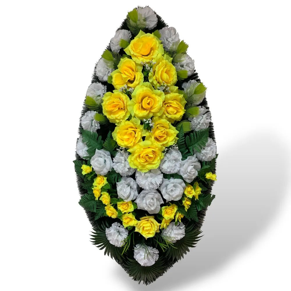 Венок на похороны артикул ВИЗ-021 – искусственные цветы, которые помогут выразить соболезнования. Доставка по городу, возможность оформления заказа онлайн по доступным ценам.
