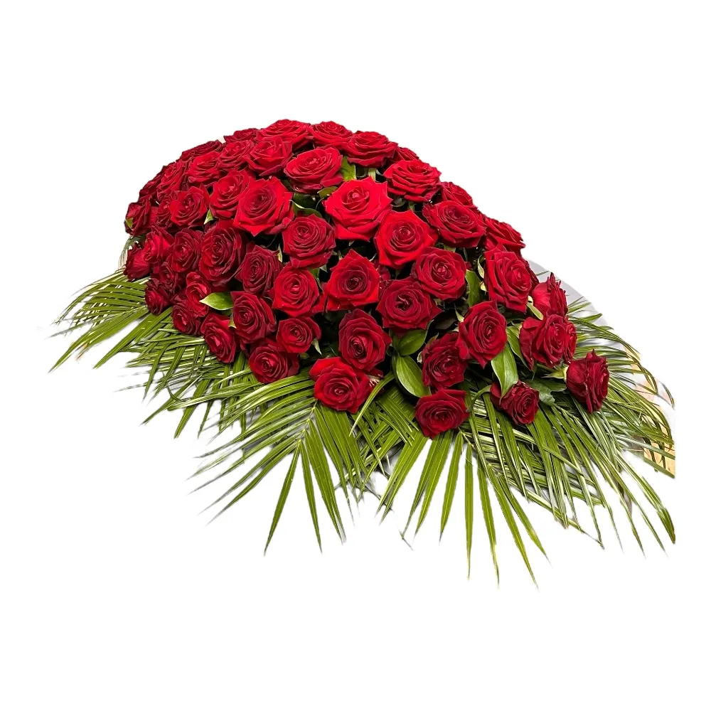 Арт. ТК-020 Траурная композиция из живых цветов на гроб: Розы 100 см.