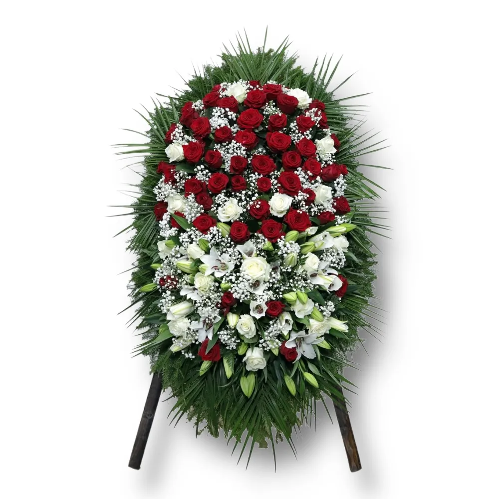 венок на похороны, венок из живых цветов, розы, лилии, орхидеи, гипсофила, траурный венок, цветы на похороны, ритуальные цветы, венок артикул ВЖ-061