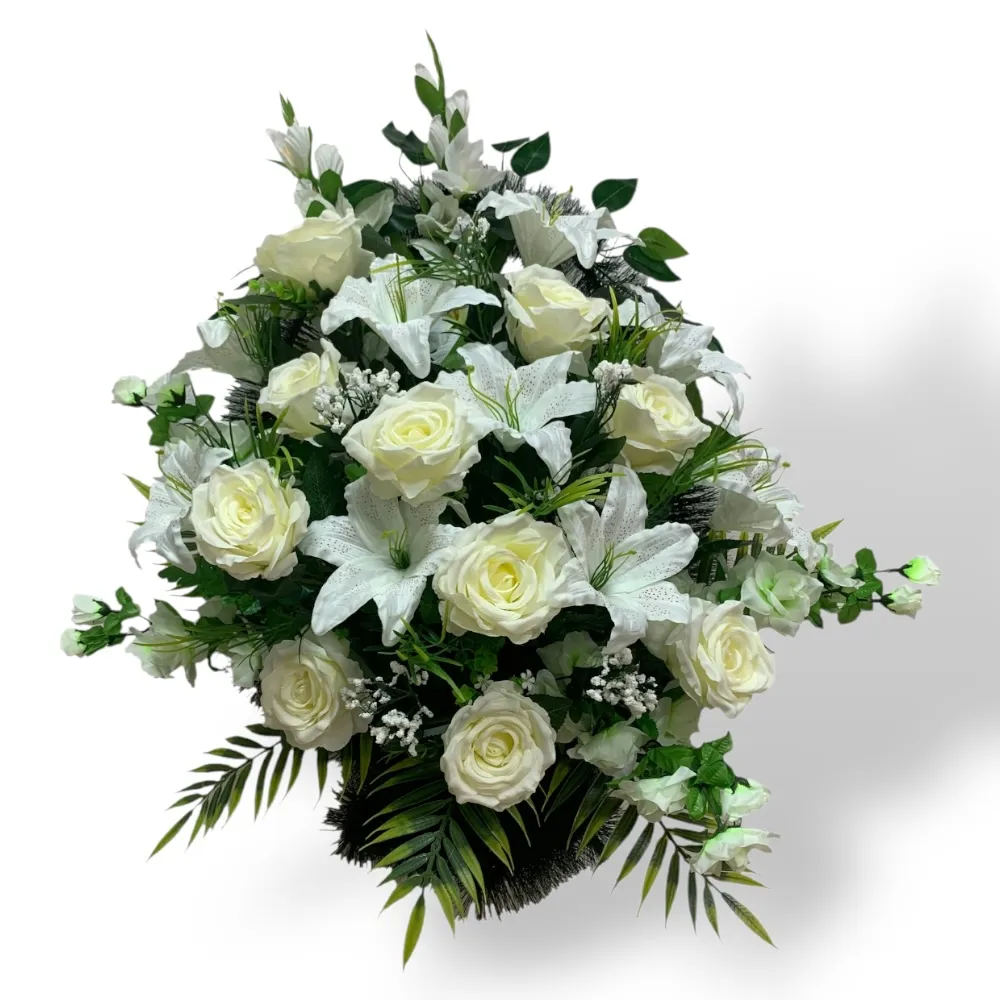 Корзина на похороны, корзина с искусственными цветами, элитная корзина, ритуальная корзина, похоронные атрибуты, ритуальные услуги, цветы на похороны, траурная корзина, корзина для церемонии прощания, ритуальный декор.