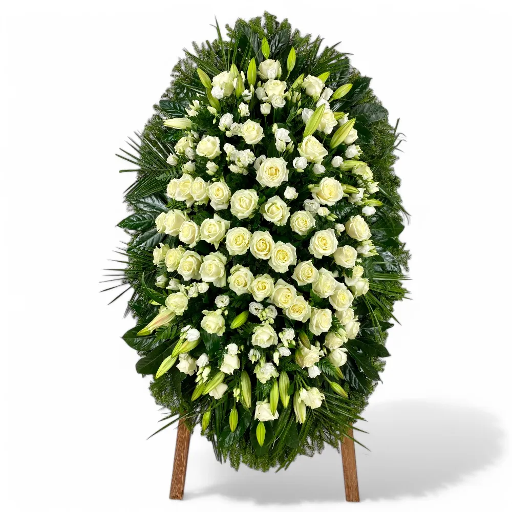 венок на похороны, венок из живых цветов, венок с розами, венок с лилиями, венок с лизиантом, траурный венок, похоронный атрибут, цветы на похороны.
