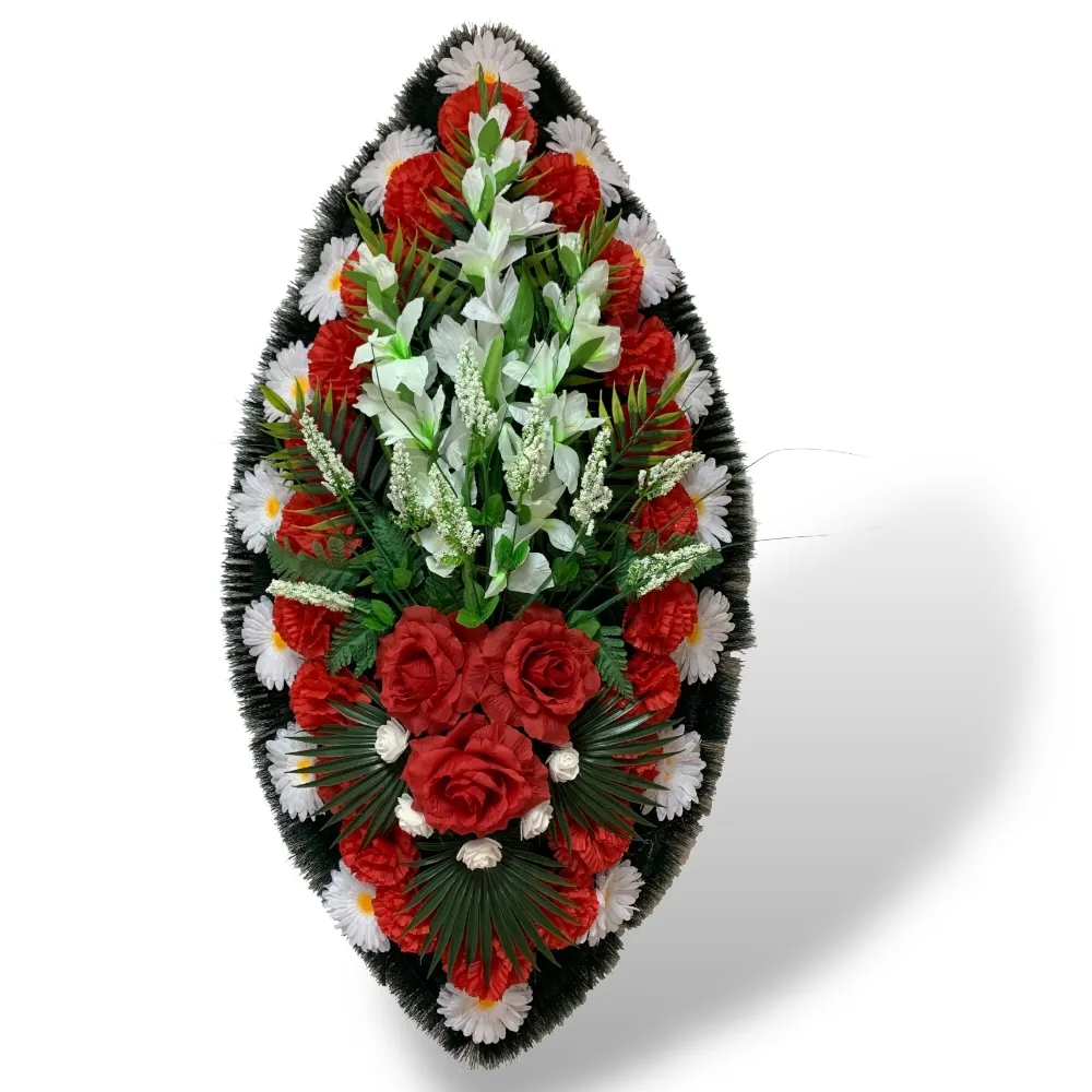 Венок на похороны артикул ВИЗ-025 – искусственные цветы, создающие атмосферу уважения и памяти. Подчеркните важность момента с нашим венком по доступным ценам.