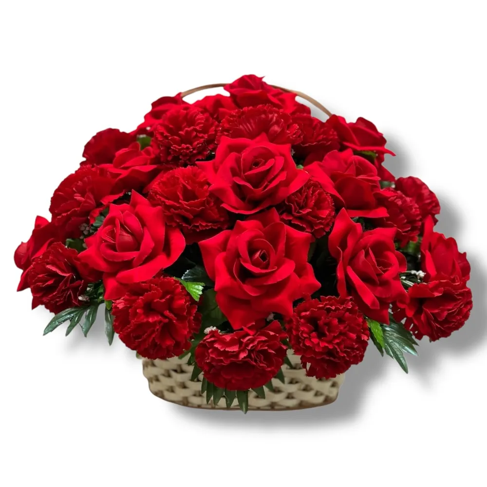 ритуальная корзина, искусственные цветы, бархатные розы, ритуальные венки, украшение могилы, кладбищенская флористика