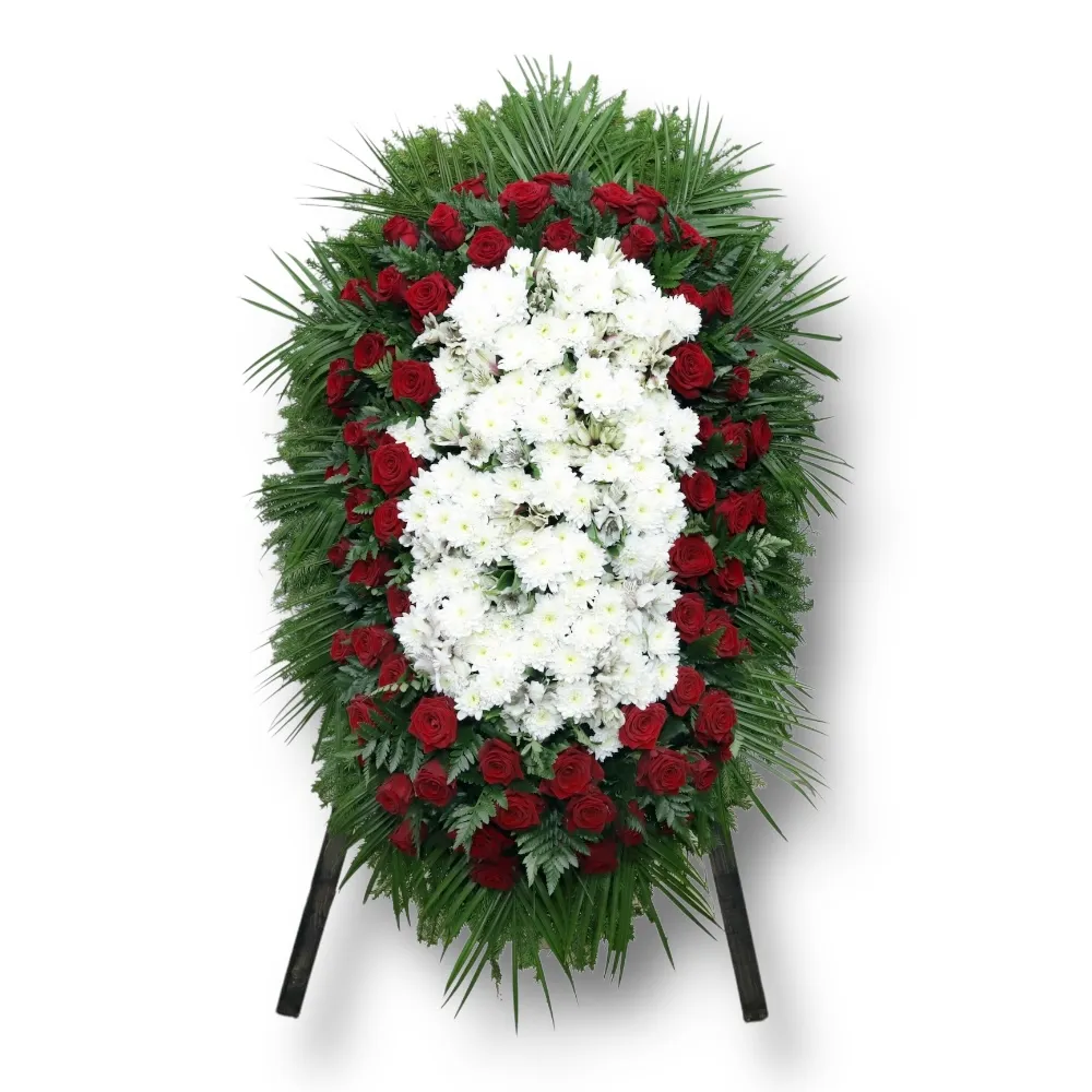 венок на похороны, венок из живых цветов, розы, гвоздики, орхидеи, траурный венок, цветы на похороны, ритуальные цветы, венок артикул ВЖ-060
