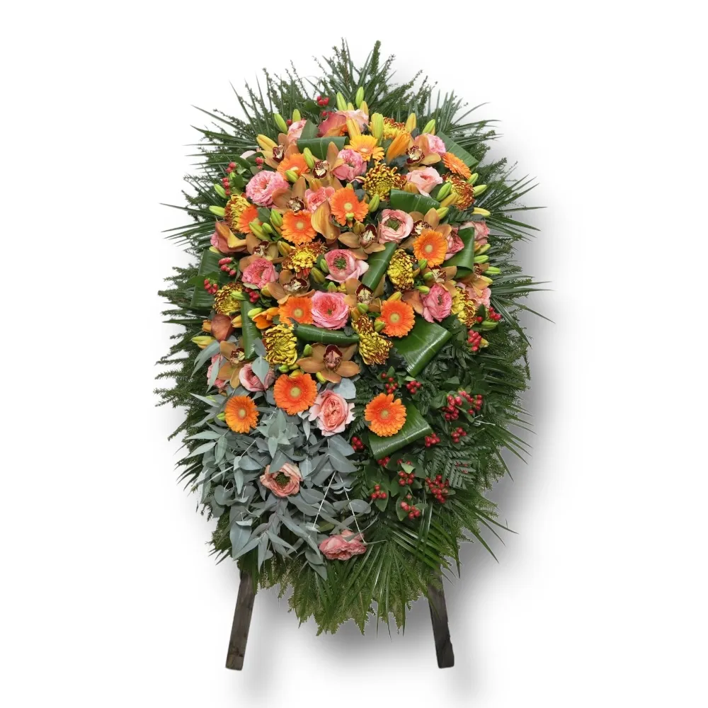 венок на похороны, венок из живых цветов, каллы, лилии, герберы, орхидеи, розы, хризантемы, гиперикум, траурный букет, цветы на похороны.