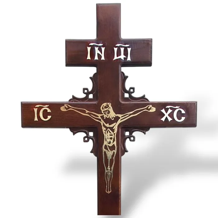 Крест на могилу, сосновый крест, артикул КДС-03, угловой узор, ритуальные изделия, деревянный крест, православный крест, мемориальный крест.