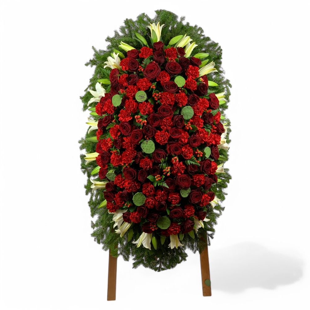 венок на похороны, венок из живых цветов, гвоздики, розы, гиперикум, лилии, лотосы, траурный венок, цветы на похороны.