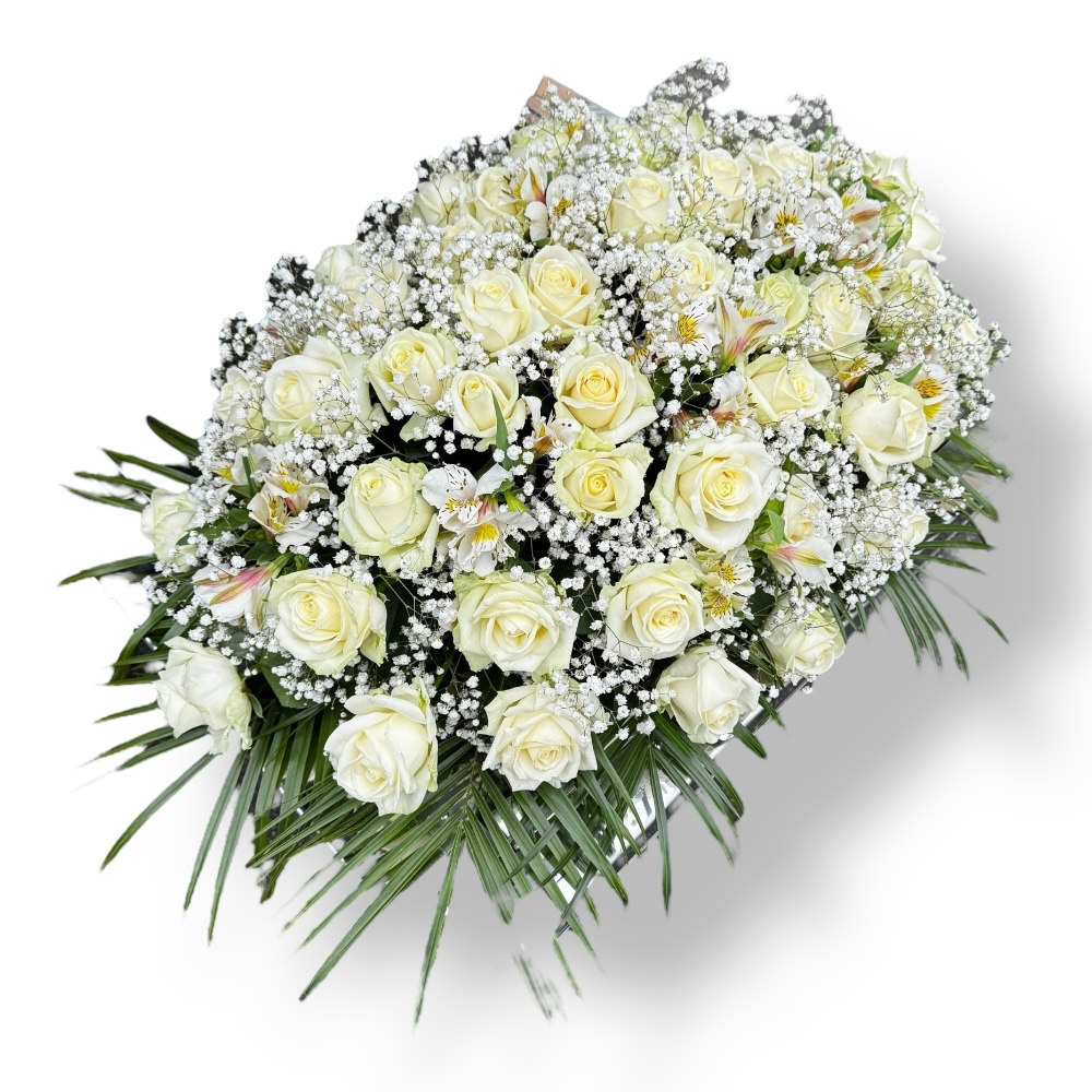 Траурная композиция, живые цветы на гроб, розы, альстромерия, ритуальные цветы, траурные букеты, цветы для прощания, ТК-007.