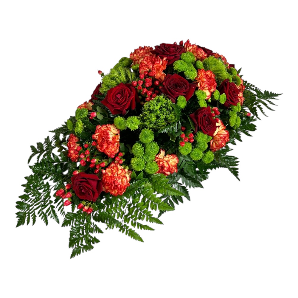 Арт. ТК-018 Траурная композиция из живых цветов на гроб: Розы, гвоздики, зелень, гиперикуп, хризантемы 100 см.