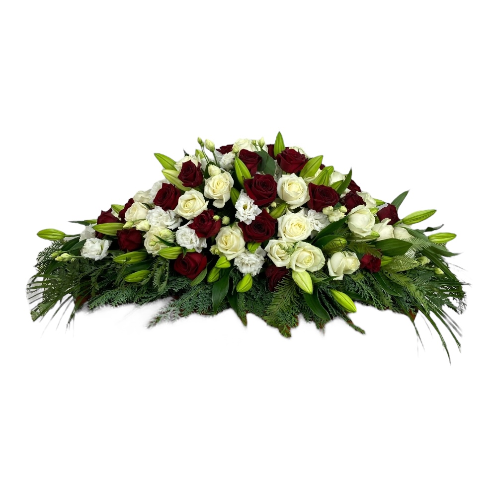 Траурная композиция, живые цветы на гроб, розы, хризантемы, лилии, лизантус, ритуальные цветы, траурные букеты, цветы для прощания.