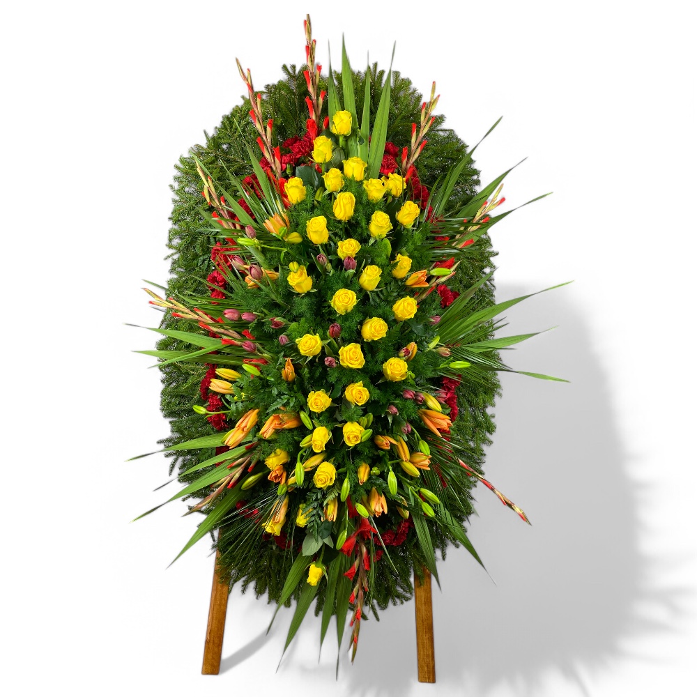 венок на похороны, живые цветы венок, траурный венок, венок из тюльпанов, венок из роз, венок из гладиолусов, венок из лилий, Арт. ВЖ-015.