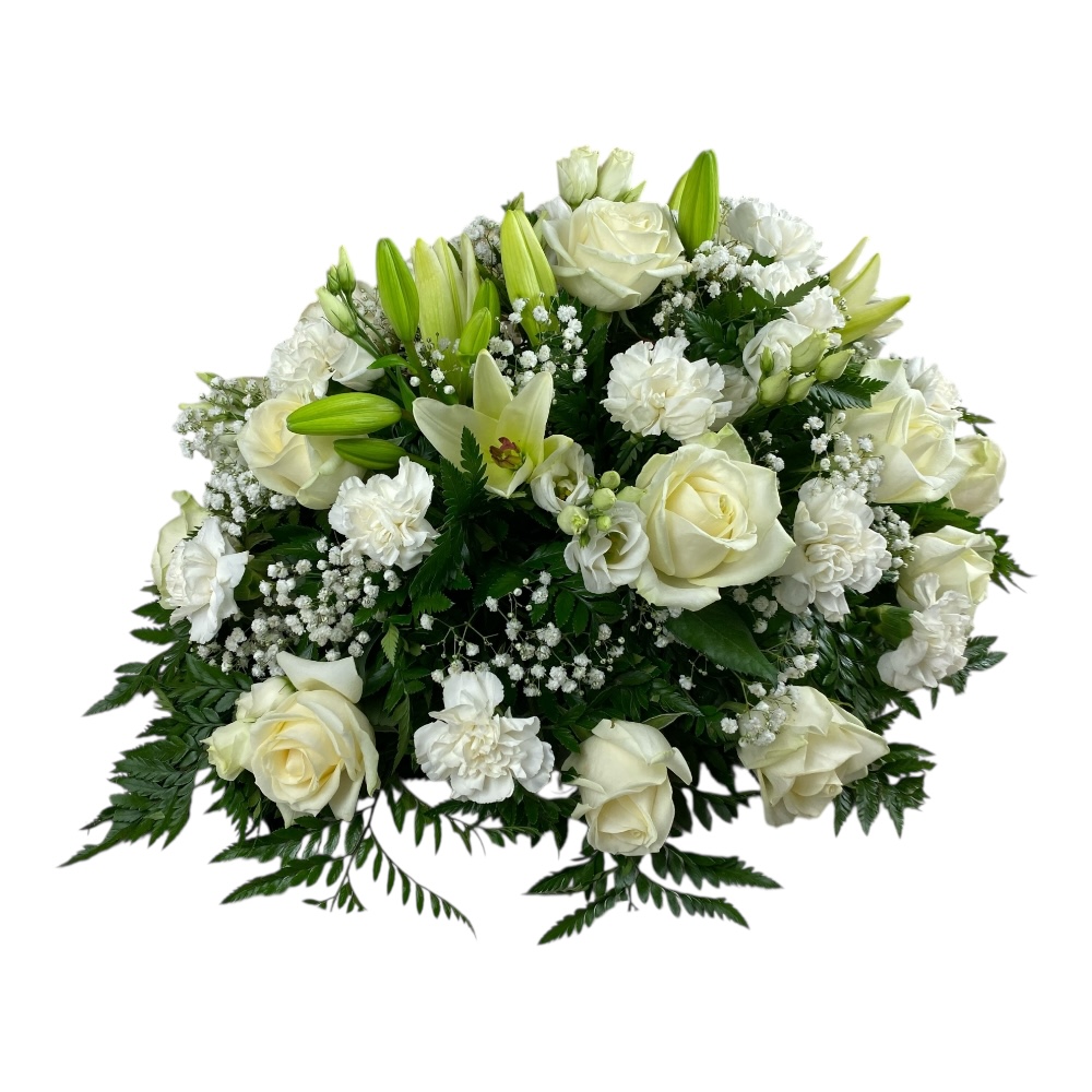 Траурная композиция, живые цветы на гроб, розы, гипсофила, гвоздика, лилии, ритуальные цветы, траурные букеты, цветы для прощания.