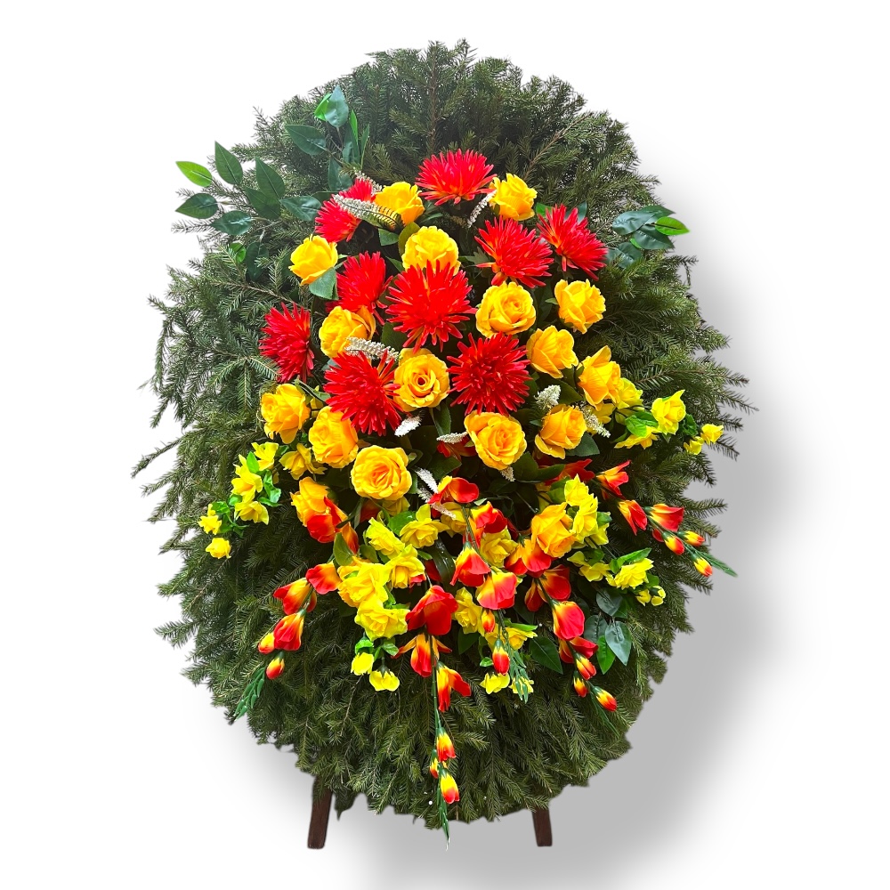 венок на похороны, венок с хвоей, венок с живыми цветами, похоронный венок, артикул ВК-008, венок на подставке, ритуальный венок, венок с искусственными цветами.
