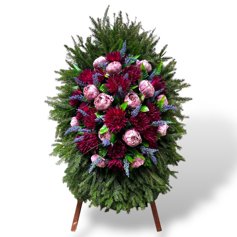 венок на похороны, венок с хвоей, венок с живыми цветами, похоронный венок, артикул ВК-001, венок на подставке, ритуальный венок, венок с искусственными цветами.