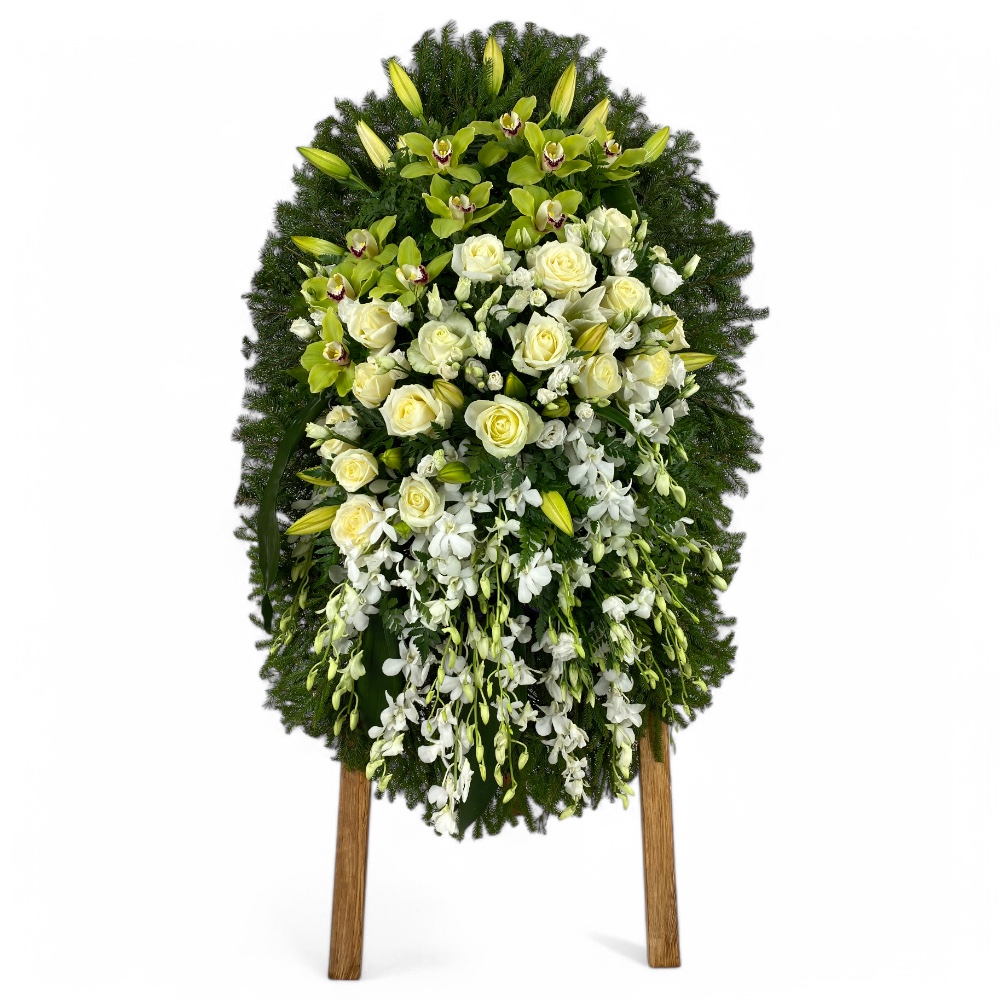 Арт. ВЖ-025 Венок из живых цветов на похороны / Розы, лизиантус, лилии, орхидеи 110 см.