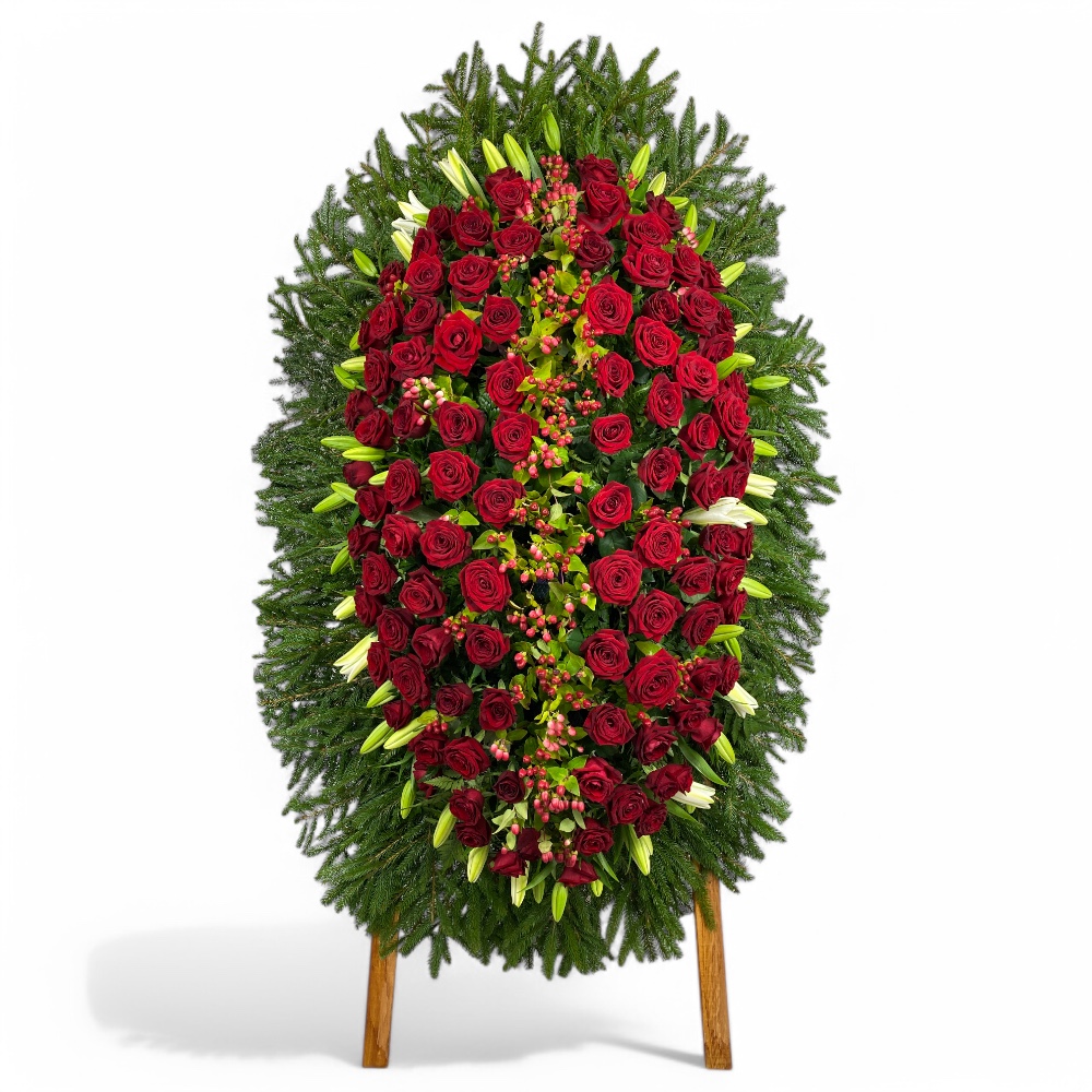 венок из живых цветов, венок на похороны, лилии, розы RED NAOMI, ягоды, траурный венок, цветы на похороны