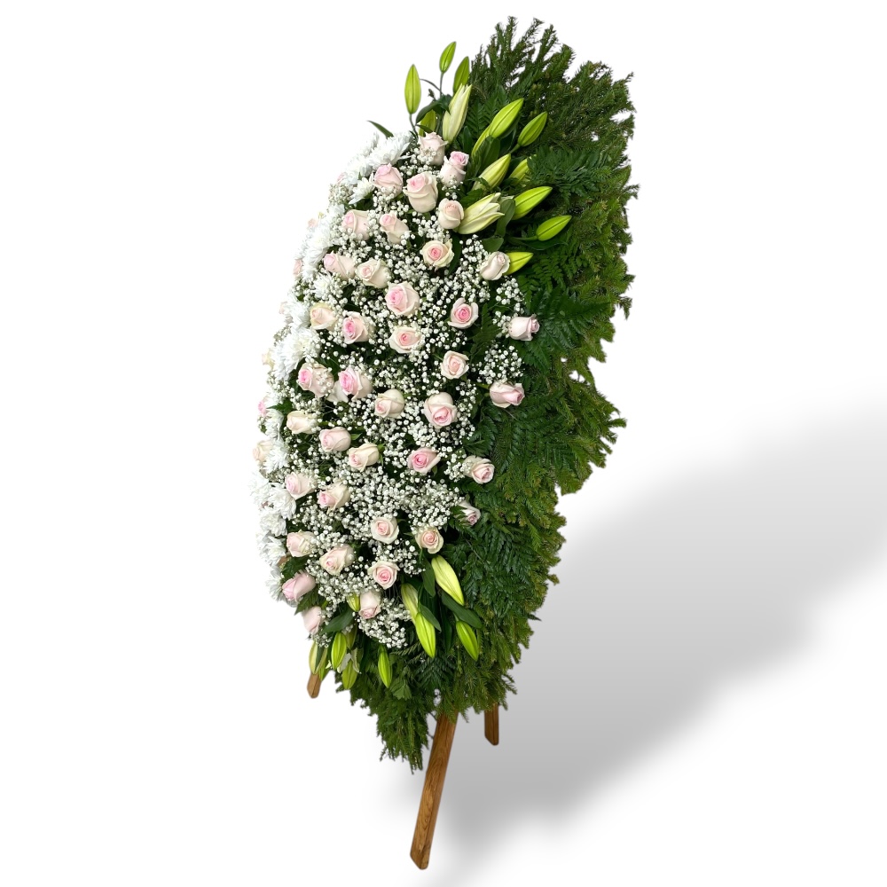 венок на похороны, венок из живых цветов, розовые розы, хризантемы, лилии, траурный венок, цветы на похороны.