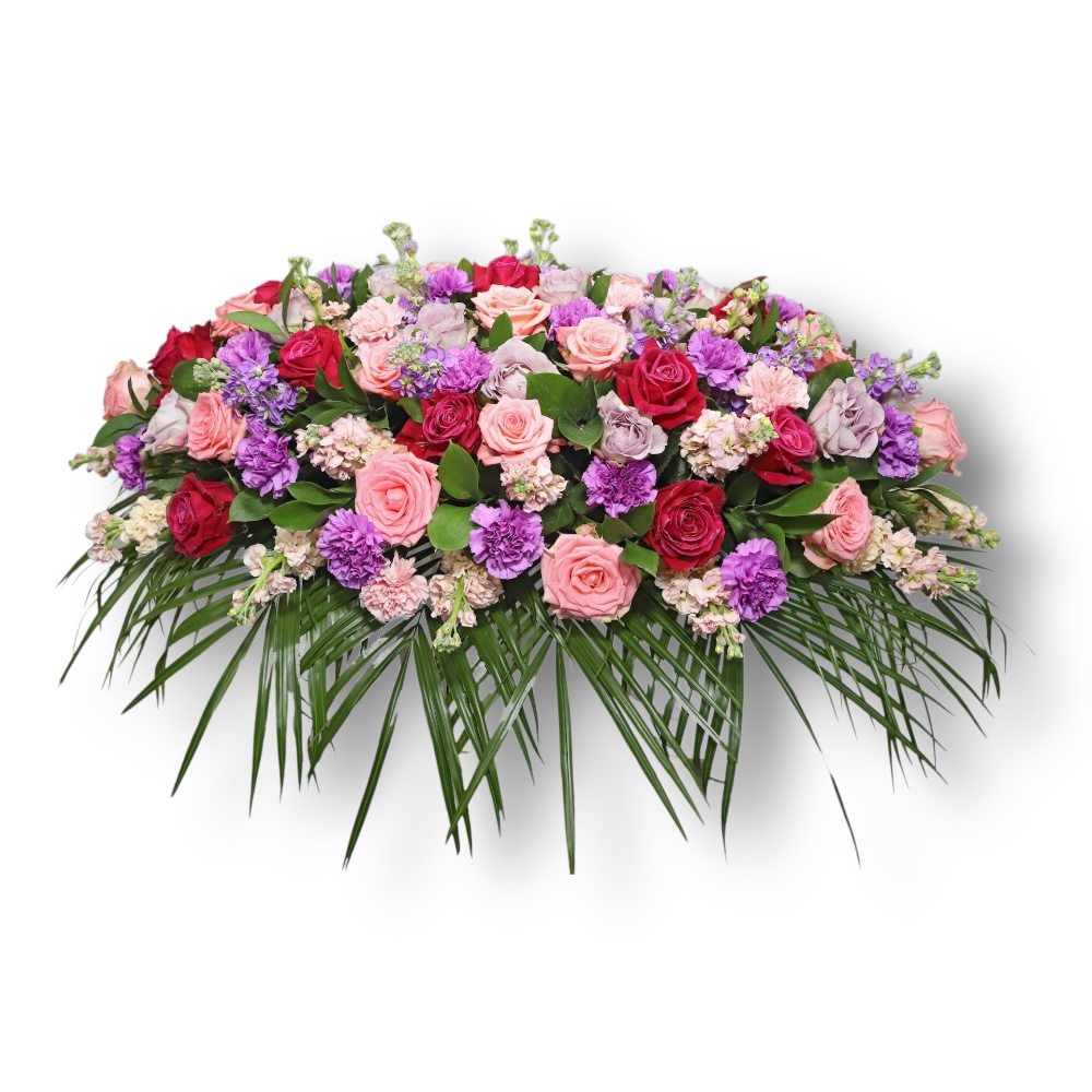 Арт. ТК-025 Траурная композиция из живых цветов на гроб: Розы, маттиола, гвоздика 100 см.