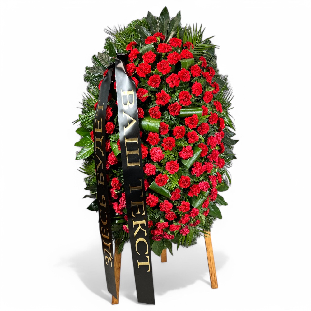 венок из живых цветов, венок на похороны, красная гвоздика, ритуальные цветы, траурные цветы, похоронный атрибут, артикул ВЖ-037.