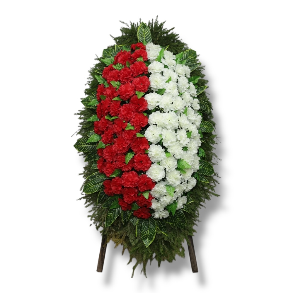 венок на похороны, венок с хвоей, венок с живыми цветами, похоронный венок, артикул ВК-014, венок на подставке, ритуальный венок, венок с искусственными цветами.