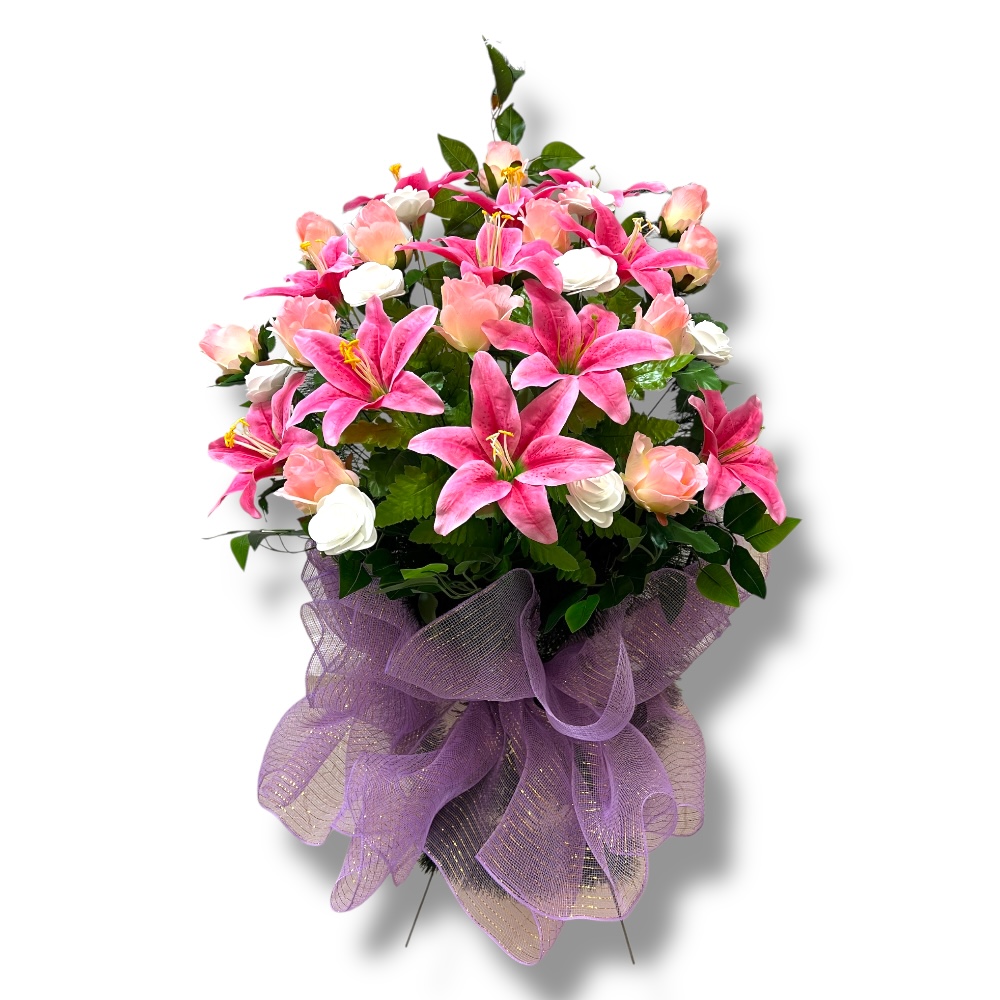 корзина из искусственных цветов, корзина на кладбище, элитные искусственные цветы, ритуальные изделия, мемориальная атрибутика, украшение могилы, долговечные цветы, артикул КИ-037.